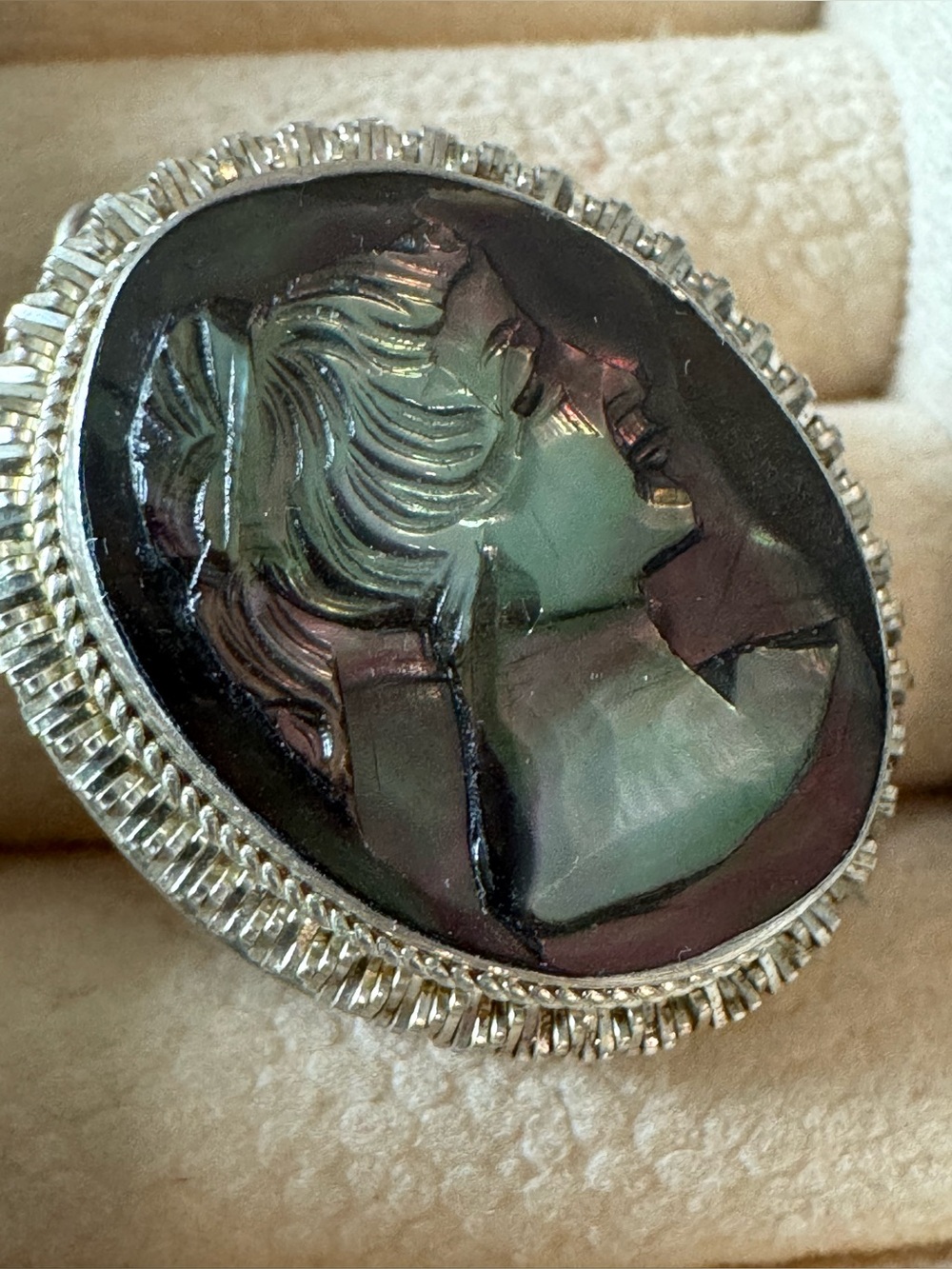 800 Sterling Silver Oval Black Cameo Brooch Pendant Pin carved Shell vintage
